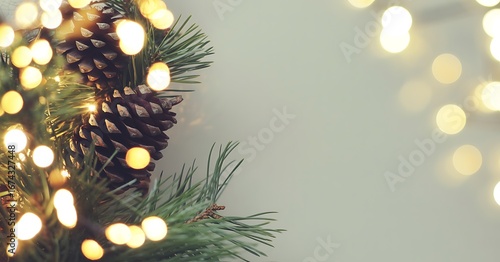 Close up of a pine branch with pinecones and warm bokeh christmas lights