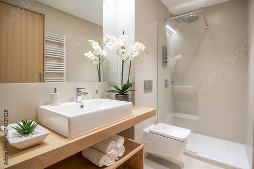 Modern bathroom with a clean white sink wooden vanity and glass shower enclosure