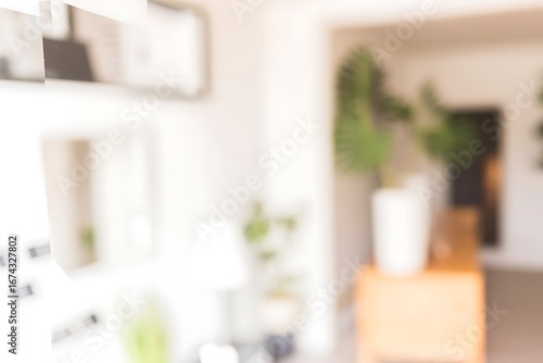 Soft focus interior with plants and framed art on wall