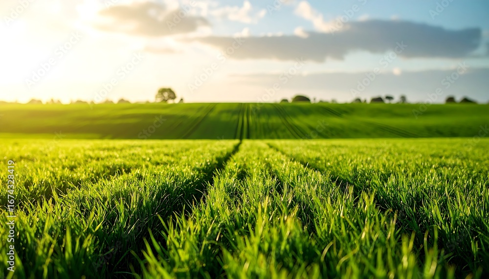 Fototapeta premium Close-up perspective shot of a green field with sunlight and lines heading towards the horizon