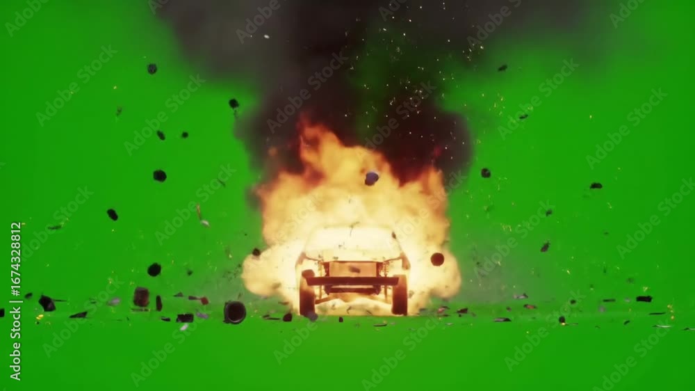 Car explosion on green screen Dramatic effects of a vehicle engulfed in ...