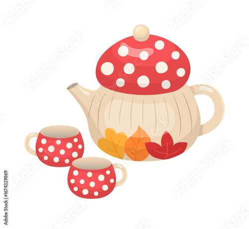 Cute teapot with cups red mushroom design. Cozy autumn porcelain for hot tea brewing. Whimsical toadstool shape and fall leaves. Cartoon dishes cottagecore vector illustration isolated on white.