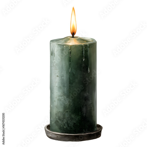 dark green wax candle with melting wax drips for meditation relaxation or gothic theme design transparent isolated png cut-out clipart