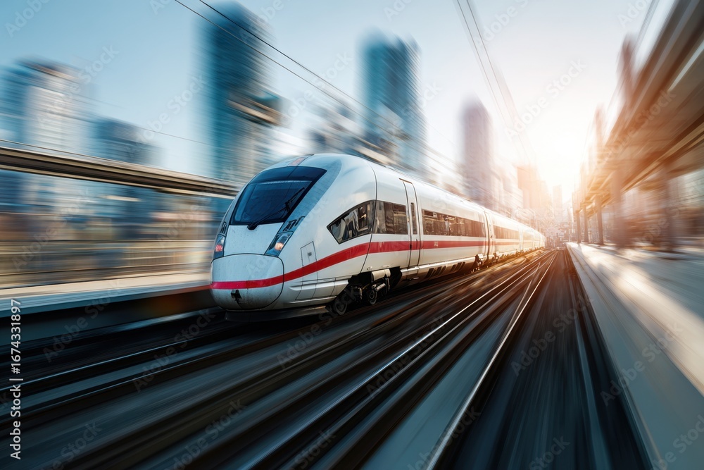 Naklejka premium Electric passenger red gray train drives at high speed among urban landscape. Modern high speed commuter train on the railway station and colorful sky at sunset in Europe. Railroad background