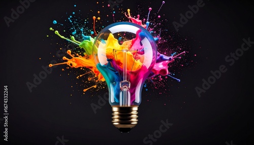 Light bulb with colorful paint splash explosion.
