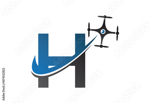 Latter H drone logo design template with blue and gray color