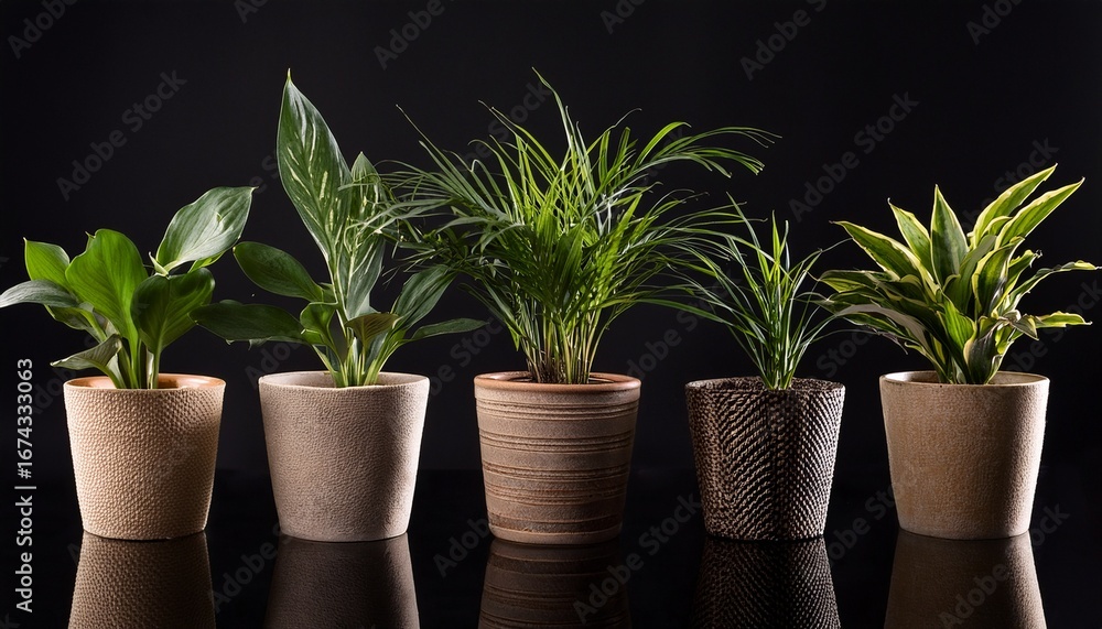 Fototapeta premium five small plants in textured pots on black background