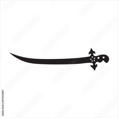 Silhouette of a curved saber isolated on white background, a sharp weapon