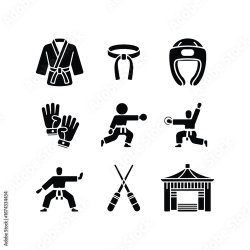 Collection of martial arts icons and symbols for sports and combat training