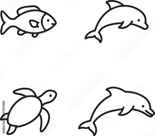 Ocean animals line art fish dolphin turtle vector illustration