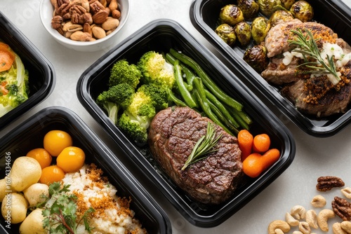 Prepared meal containers with various healthy foods