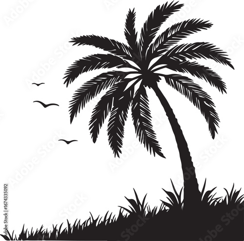 A Silhouette of a Palm Tree Swaying with Birds Flying in the Sky