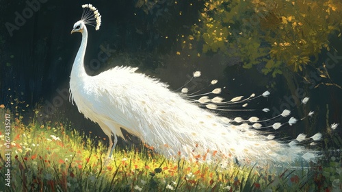 An albino peacock walking gracefully through a grassy clearing