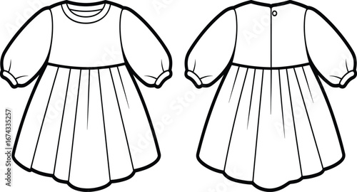 Baby girl puff sleeve dress vector, front and back view, children’s fashion flat sketch for toddler wear, cute dress design template