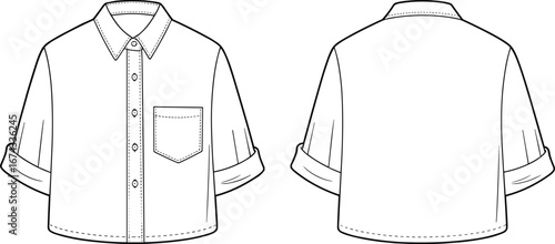 Women’s cropped button-up shirt vector, front and back view, casual rolled sleeve top illustration for fashion design, flat sketch template