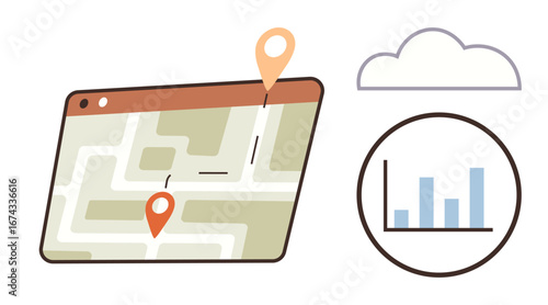 Tablet displaying a route on a map with GPS markers, cloud icon, and bar chart analytics. Ideal for logistics, planning, technology, data management, geolocation statistics digital tools. A simple