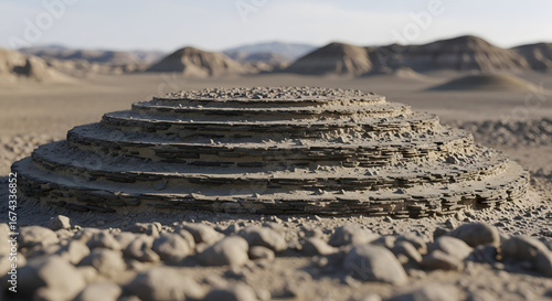 Sculpted by aeons the eroded sandstone butte rises from the ochre desert a testament to time's artistry and the relentless dance between rock and arid winds displaying stratified layers