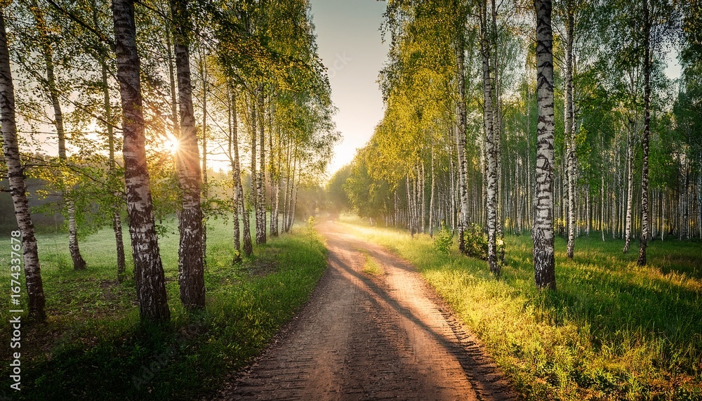Obraz premium a dirt road passing through a birch grove permeated through the rays of the morning sun