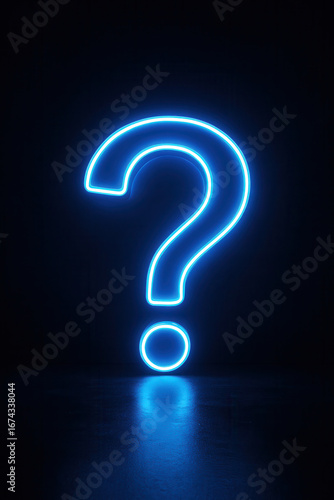 Glowing blue neon question mark symbol on dark background