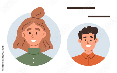 Cartoon-style portraits of smiling man and woman in separate circular frames. Ideal for profile, teamwork, connection, networking, communication, collaboration, diversity. Clean simple flat metaphor