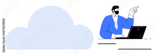 Man in business attire working on a laptop, pointing toward a large cloud representing data storage. Ideal for cloud computing, data storage, IT solutions, teamwork, innovation, planning, technology