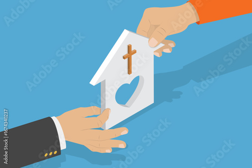 3D Isometric Flat Vector Illustration of Christianity, Christian Church Model Promotes Catholic Charitable Foundation Helping People In Need