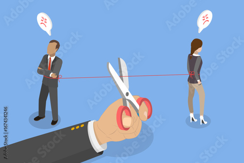 3D Isometric Flat Vector Illustration of Divorce, Former Spouses Who Have Separated Legally, No Longer Married To Each Other.