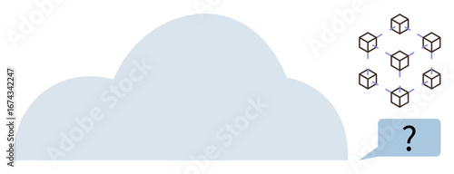 Large cloud shape connected to a network of cubes with arrows, representing decentralized data sharing. Ideal for cloud services, blockchain technology, networking, data security, digital innovation