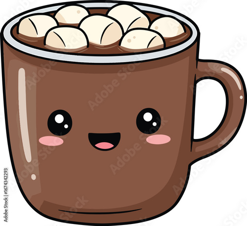 A cute cartoon mug filled with hot chocolate and marshmallows with a smiling face on a white background