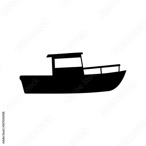 Silhouette of a cabin cruiser boat on a white background, side view