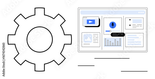 Gear icon beside a web interface with graphs, media, and notifications symbolizing settings, optimization, data analysis, and UI design. Ideal for automation, analytics, development and innovation