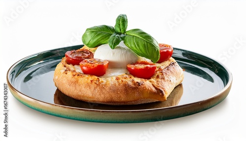 pinsa romana topped with basil tomatoes and mozzarella isolated