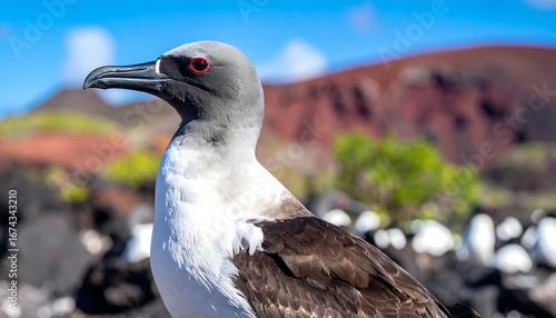 Galapagos petrel with volcanic island.