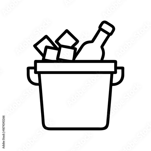 Vector illustration of a wine bottle in ice bucket for chilling beverages and drinks outline icon