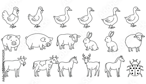 Line Art Farm Animals Vector Illustrations of Chicken, Pig, Sheep, Cow, Rabbit and Goose