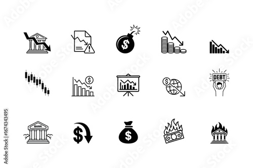 Financial Crisis Icons: This image features a set of monochrome icons illustrating various aspects of a financial crisis and economic downturn.  Symbols include downward trends, debt.