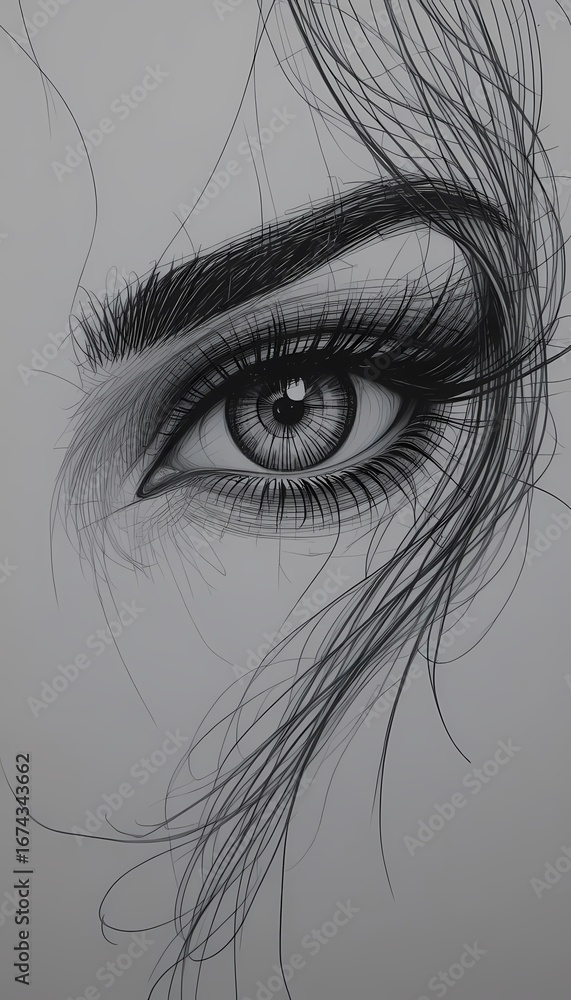 Fototapeta premium Detailed Line Art Beautiful Woman's Eye with Eyelashes and Hair Drawing