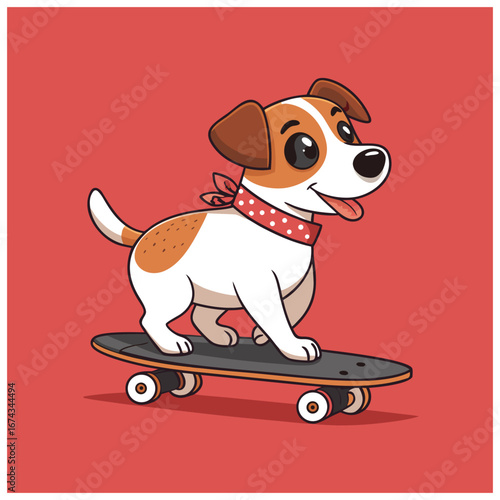A cute cartoon Jack Russell Terrier dog with a red bandana happily riding a skateboard on a red background.