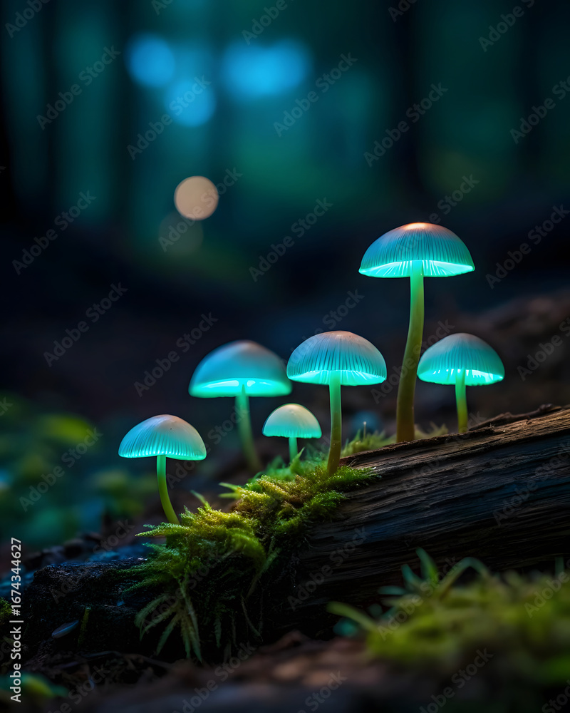 Fototapeta premium Enchanting glowing mushrooms on mossy log illuminate the mystical forest floor at twilight hour