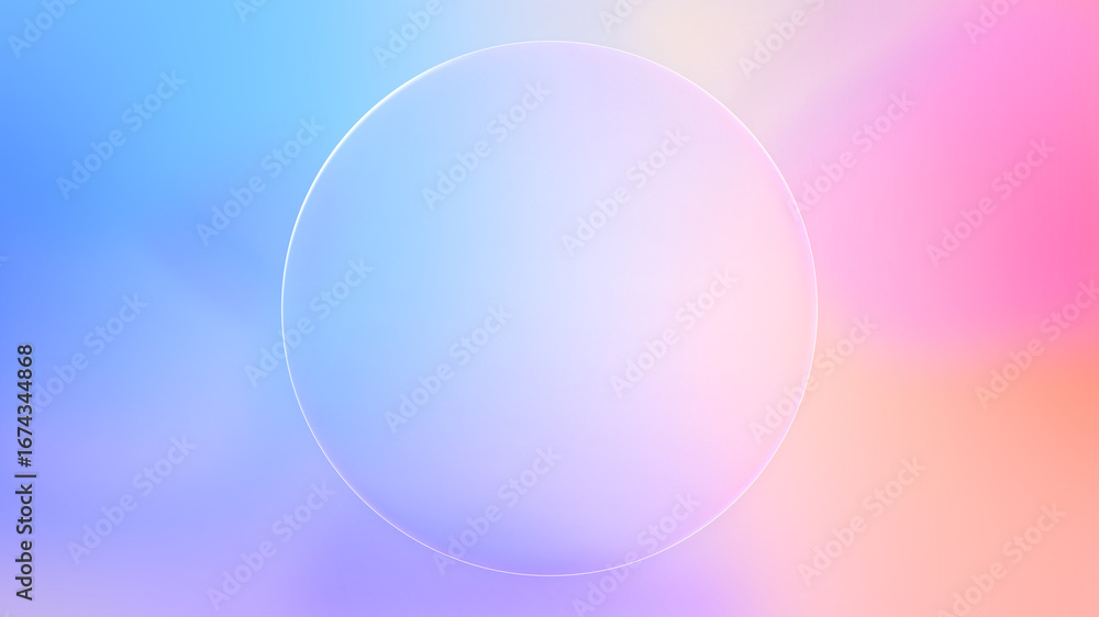 Obraz premium Beautiful transparent circle glass frame background, realistic blank liquid glassmorphism user interface, abstract empty frosted plate on pink colorful gradient, blur UI display design illustration