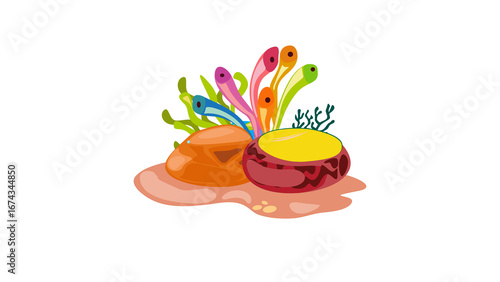 PNG Cartoon underwater sea landscape constructor with fishes and ocean animals, vector undersea world. Underwater coral reef characters of octopus with turtle,