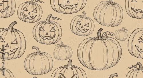 Halloween Pumpkin Seamless Pattern Engraving Style, Spooky Jack-o'-Lantern Background