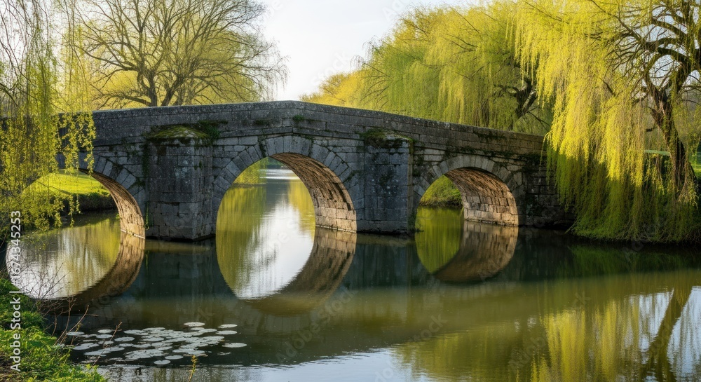 Fototapeta premium Serene Stone Bridge Reflecting in Calm River with Weeping Willows, Portugal