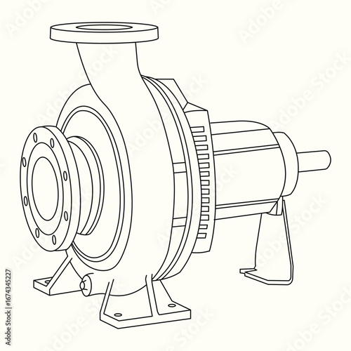 Centrifugal Pump with Flanges Illustration. Industrial centrifugal pump technical line drawing
