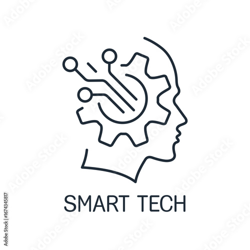Digital Human technology. Head tech. Web services and mobile smart app.Vector linear icon isolated on white background.