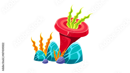 PNG Cartoon underwater sea landscape constructor with fishes and ocean animals, vector undersea world. Underwater coral reef characters of octopus with turtle,