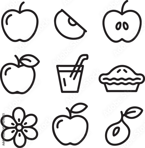 Apple Essentials Vector Icon Collection Whole Apple, Apple Slice, Apple Core, Juice, Pie, Leaf, Blossom, and Seed Smooth Outline Pac