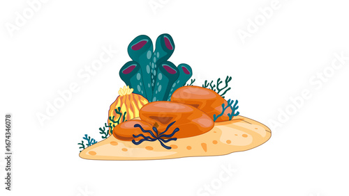 PNG Cartoon underwater sea landscape constructor with fishes and ocean animals, vector undersea world. Underwater coral reef characters of octopus with turtle,