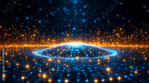 Bright blue and orange particles create an abstract glowing network, showing energetic data flow across a digital dark background.