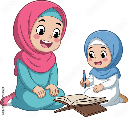 Cartoon children reading and writing, hijab girls, open book, educational moment, learning together, vector illustration, animated, stylized, isolated, expressive, friendly,